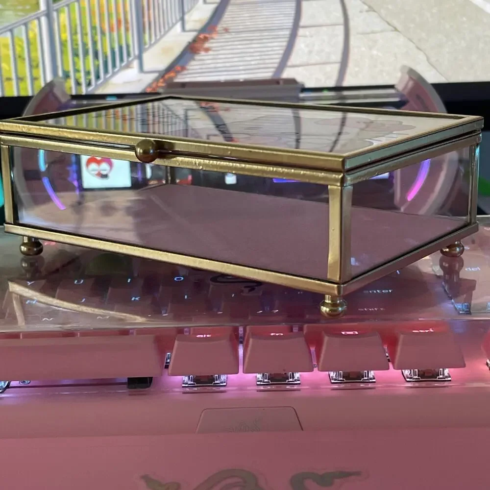 Hello Kitty Glass Jewelry Box Pink Lined Bottom Gold 6